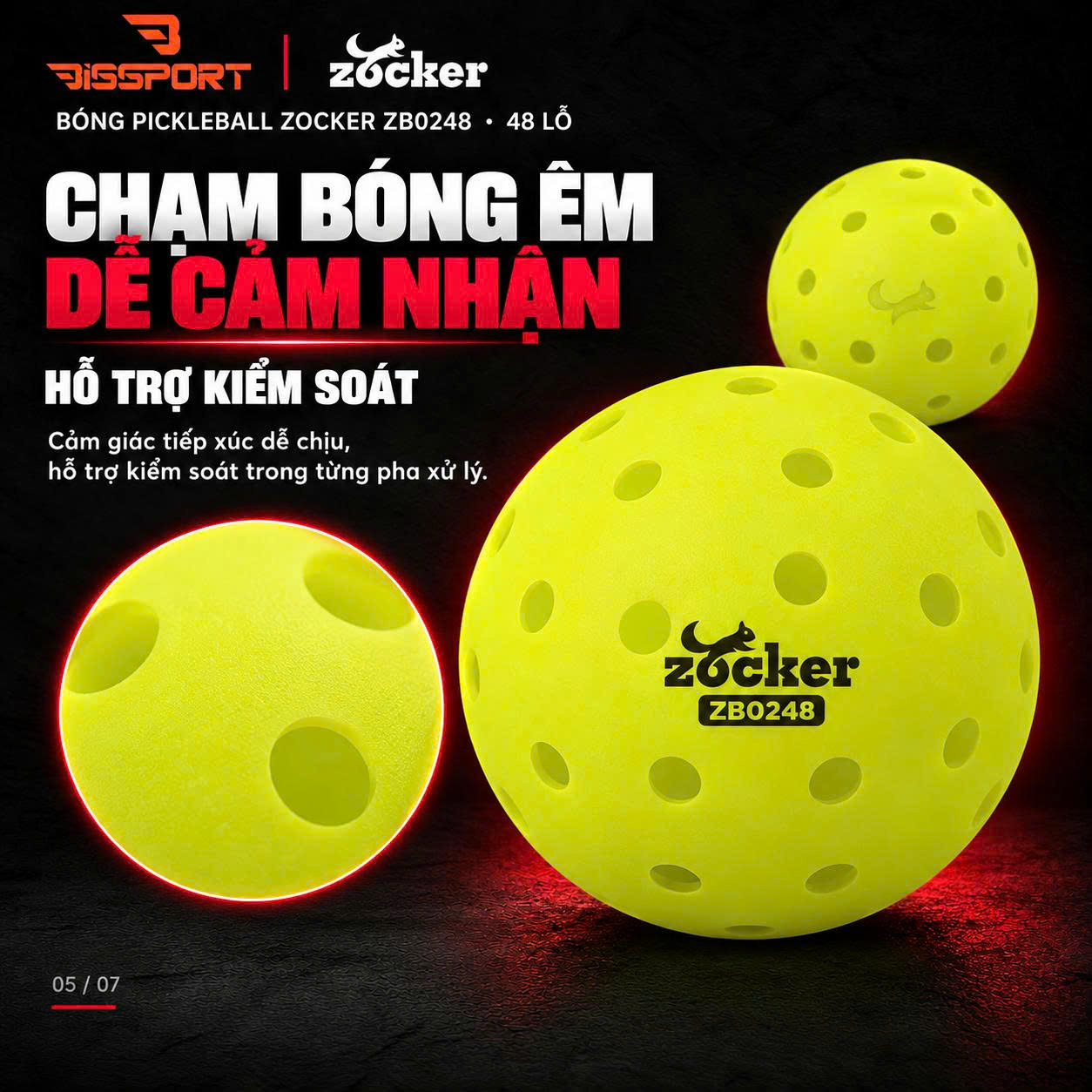 Quả Bóng Pickleball Zocker ZB0248 Chính Hãng - Độ Bền Ổn Định - Đường Bay Chuẩn - Cảm Giác Đánh Chắc Tay - 48 Lỗ